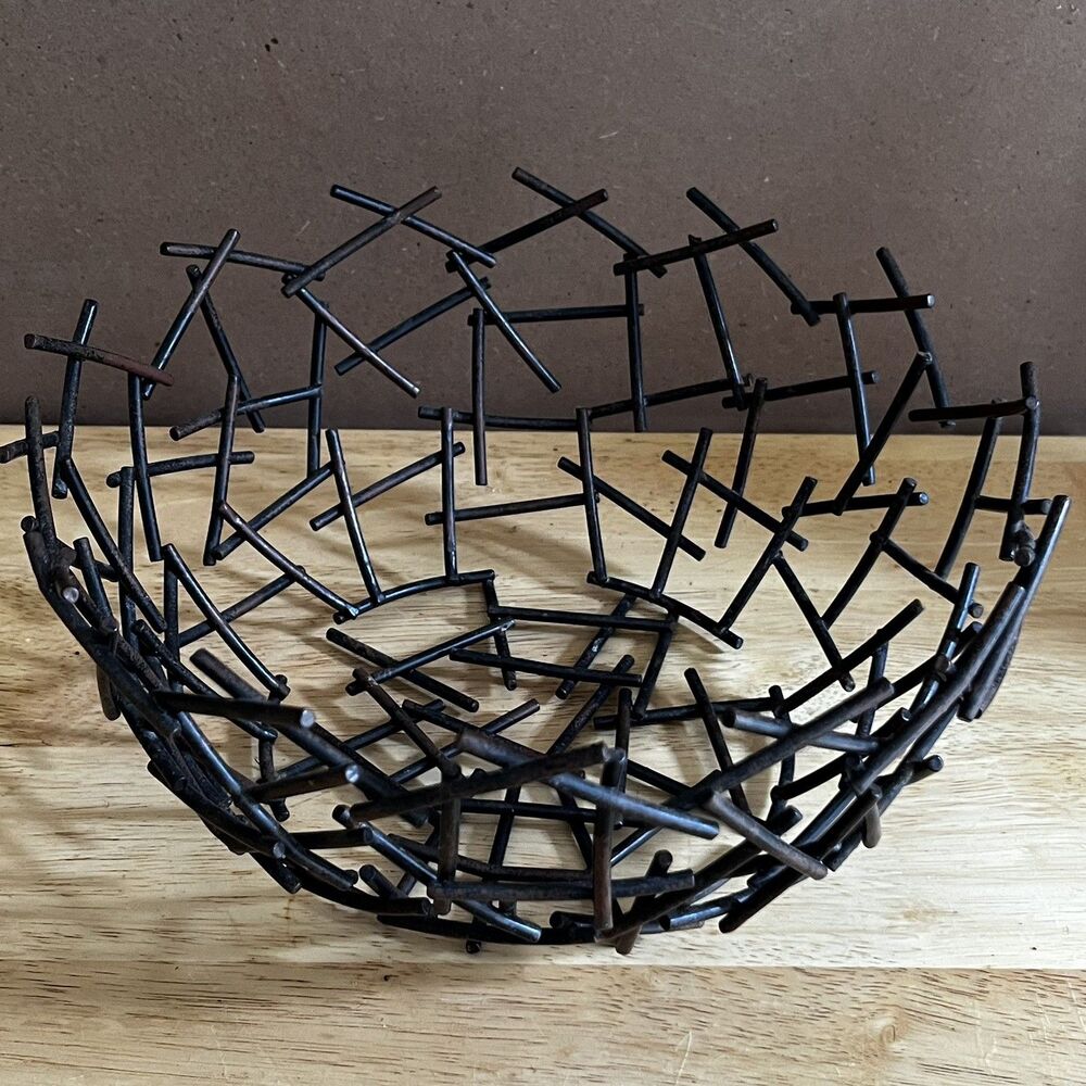 Winter Farmhouse Tree Branch Twigs Centerpiece Metal Bowl Nest Fruit Basket